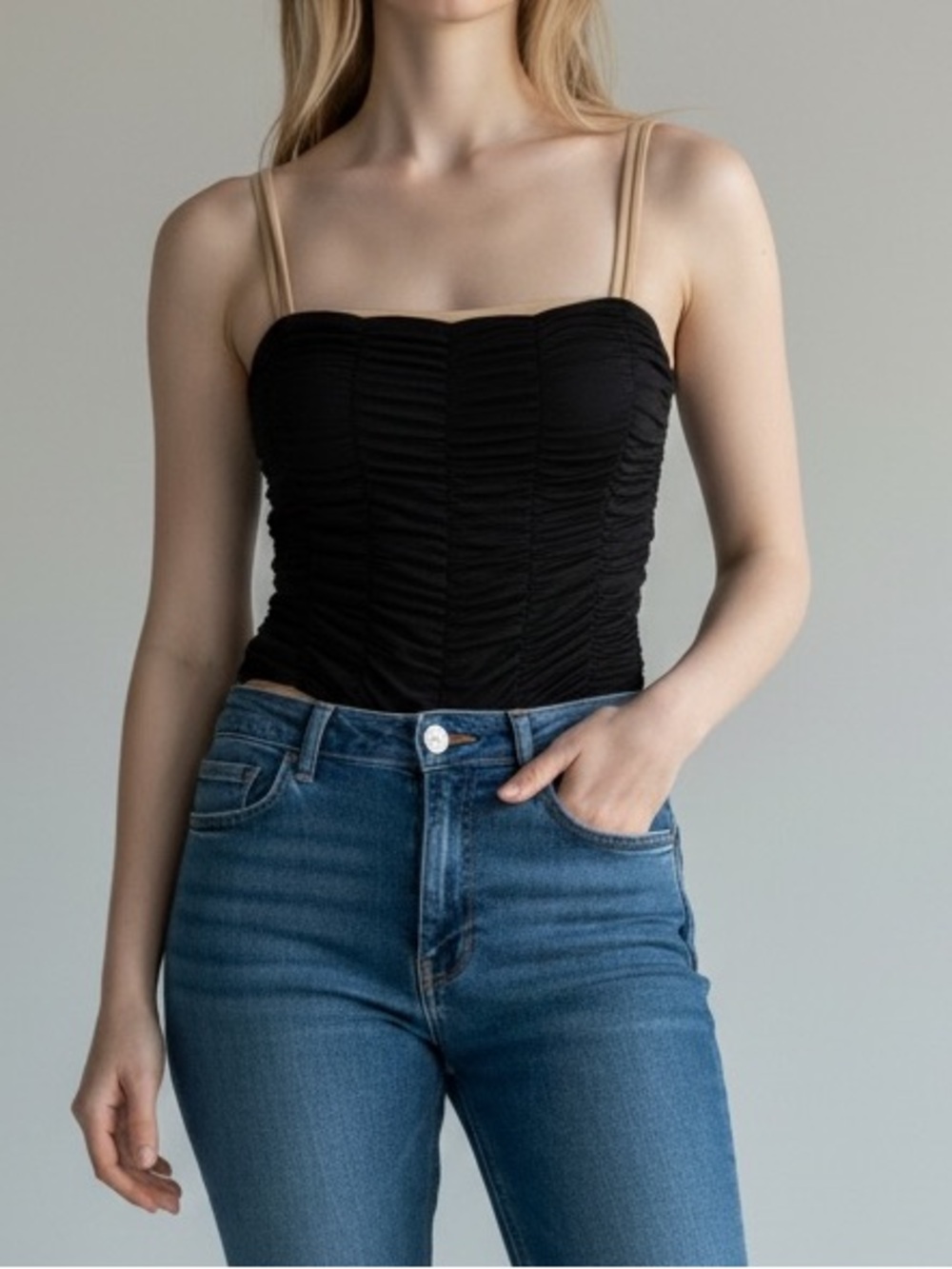NWOT Goldsign ruched bodysuit black tan small